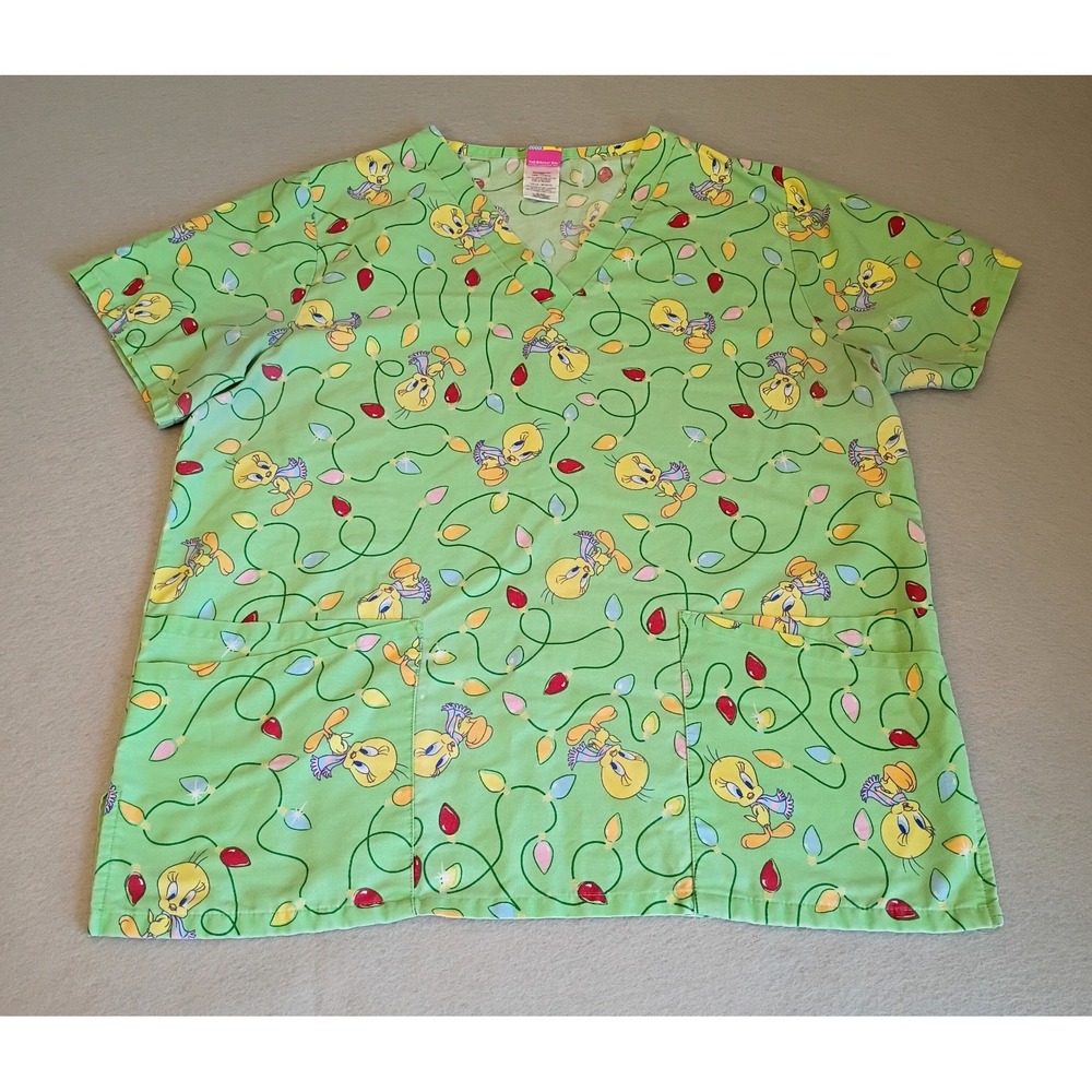 Tweety Bird Christmas SCRUBS Lights Green V-Neck Sz L  2 Double Front Pockets